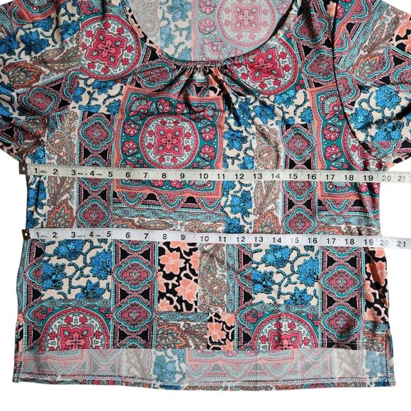 Sunny Leigh Pink Teal Multi Color Boho Patchwork Bandana Print Top sz S - Picture 8 of 10